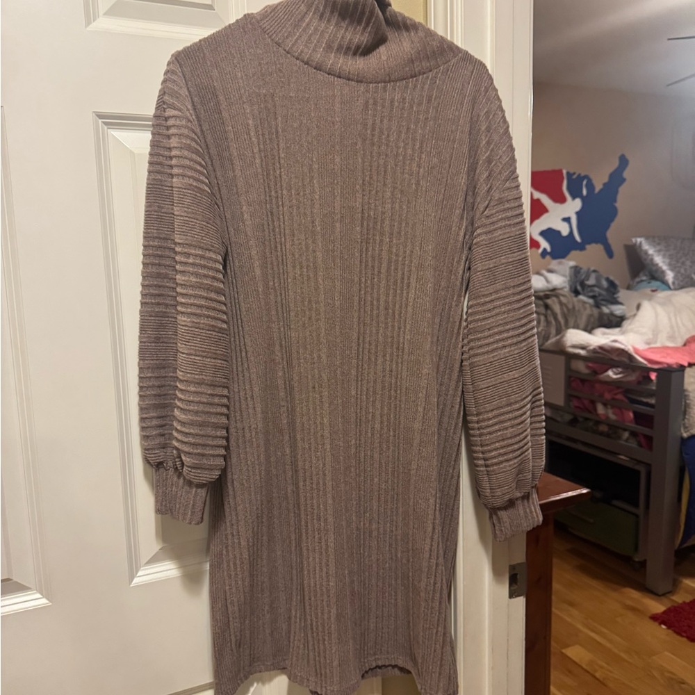 Women's Ribbed Turtleneck Sweater - Taupe can be worn as a dress